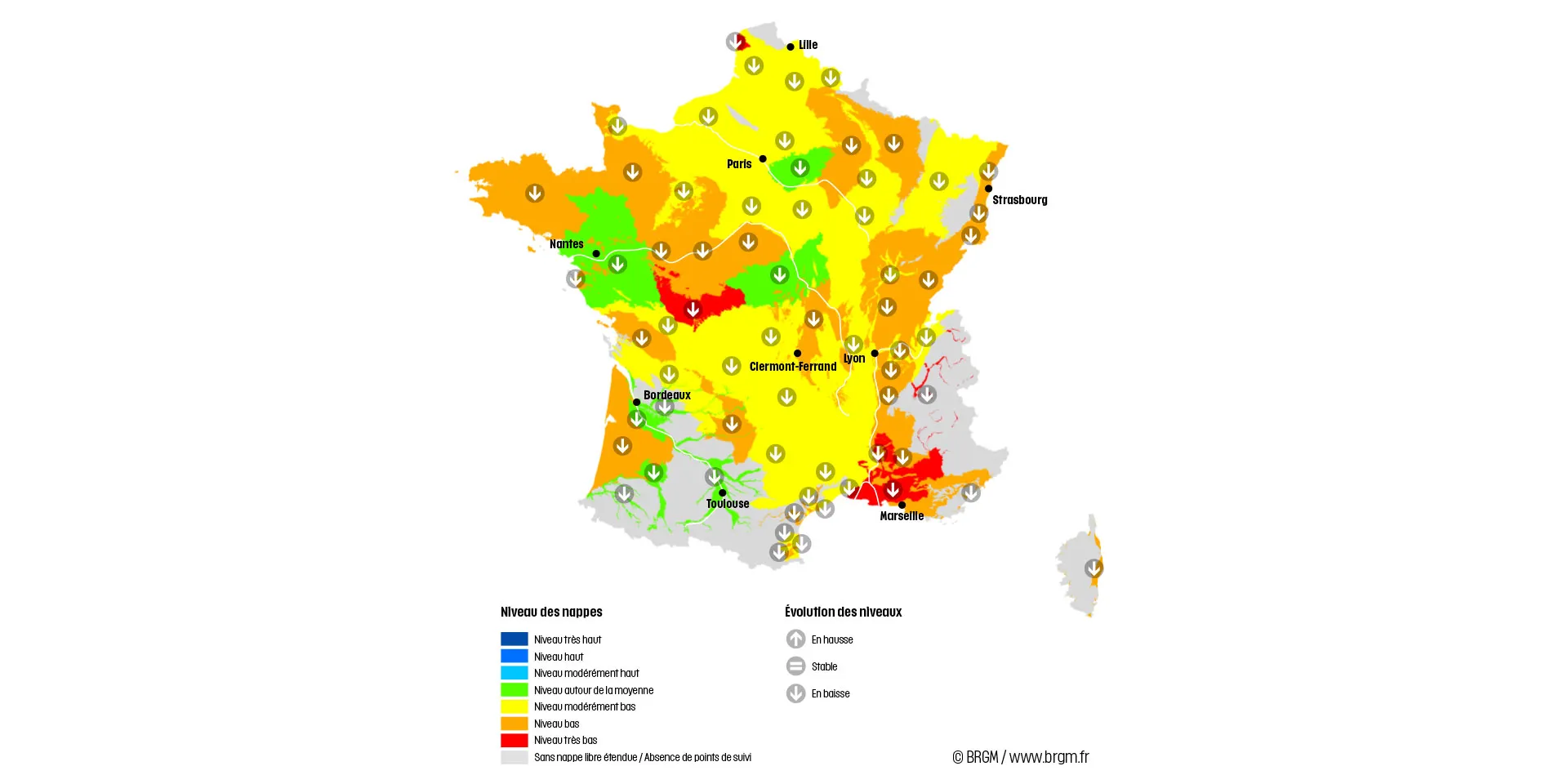 Carte de France de la situation des nappes au 1er août 2022.